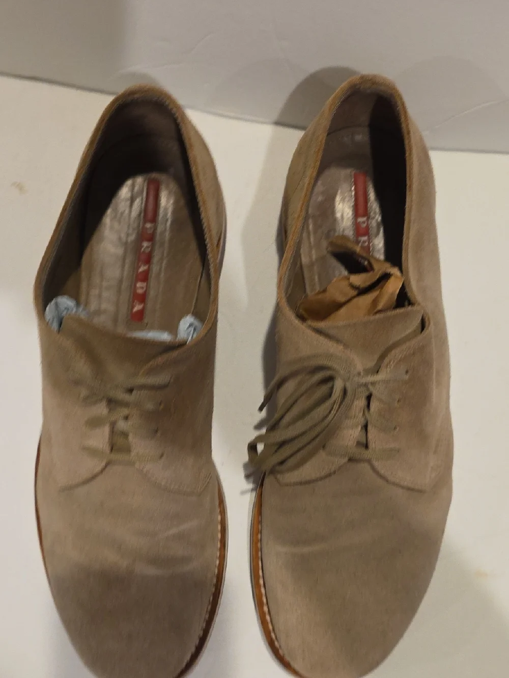 Prada Men's Suede Nubuck Buck Derby Shoes in Light Taupe Size 8